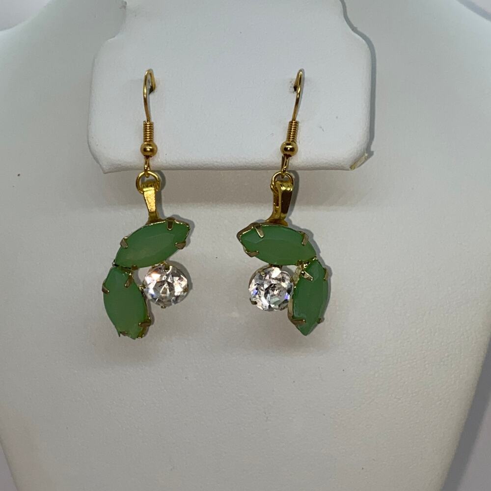 Green Clear Gold-Tone Rhinestone Dangle Earrings